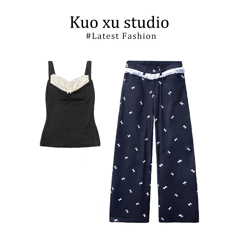 夏季一字肩蕾丝黑色吊带背心外穿辣妹无袖上衣休闲裤宽松阔腿裤子