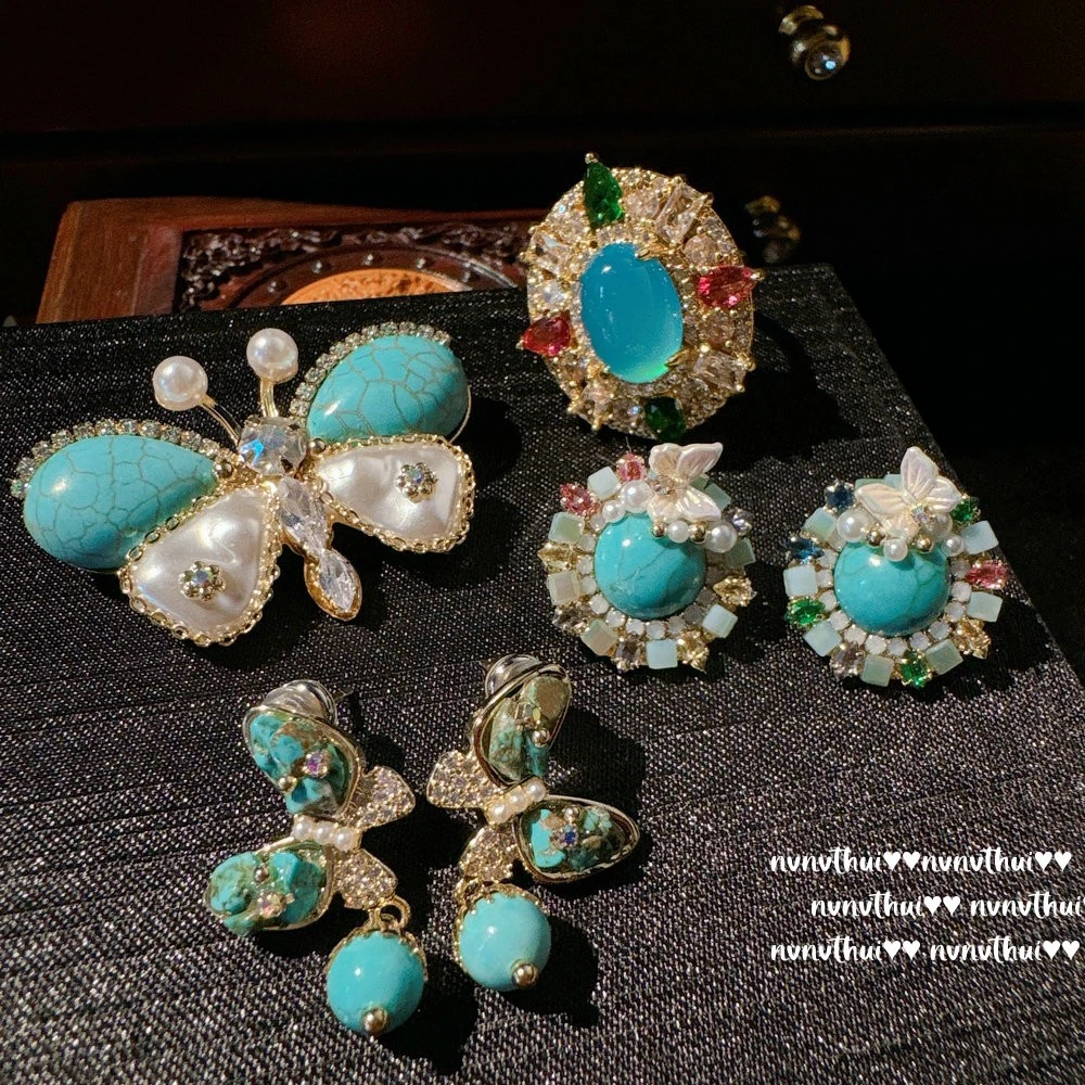 黄铜耳饰 瓦特里蓝sliLI里S蝴蝶珍珠耳环苏富比土耳其蓝大雨S水滴