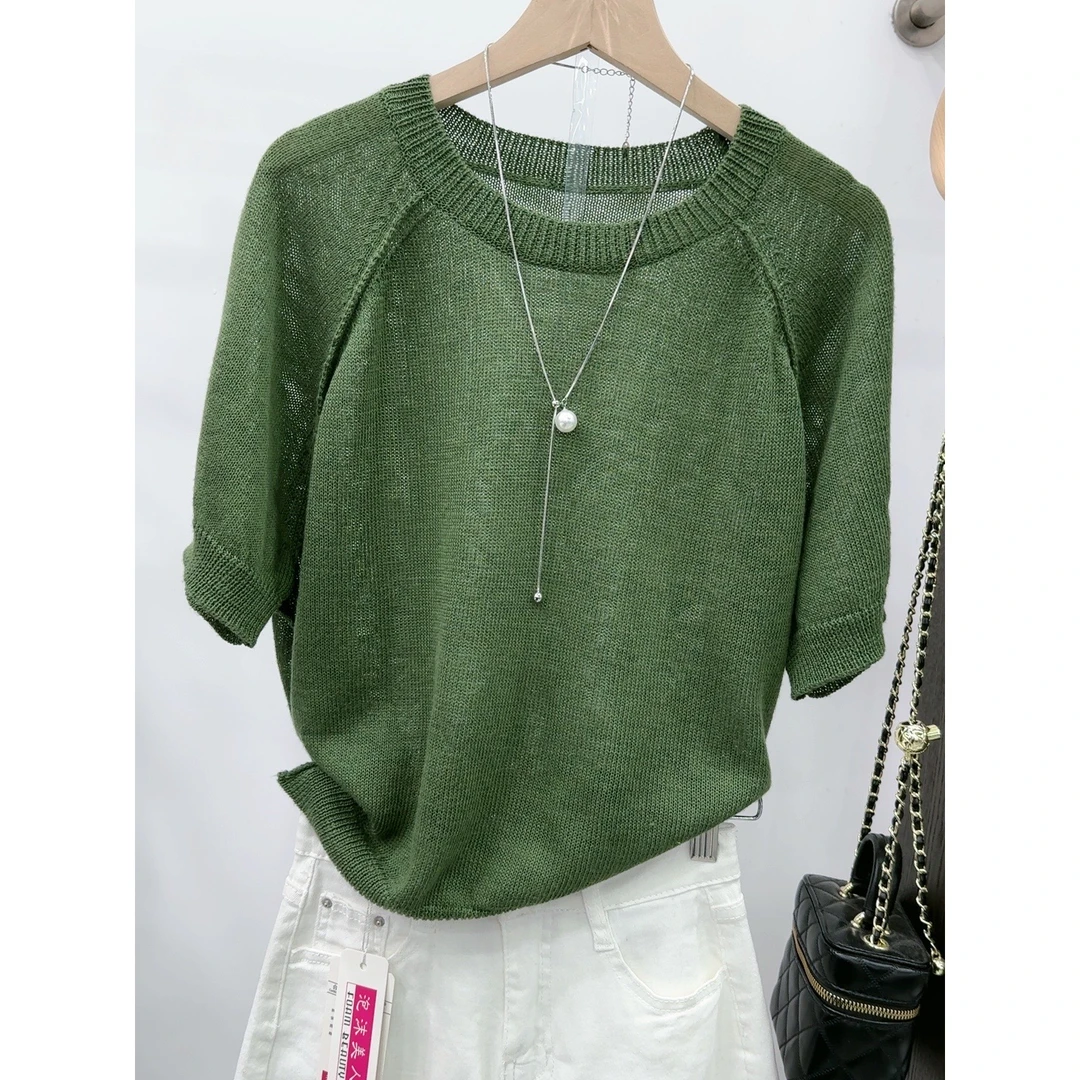 墨绿插肩短袖」显瘦宽松短袖针织衫女25春夏新款 衣长58胸围102