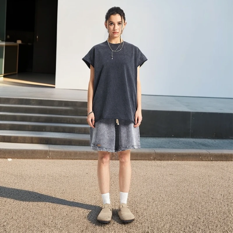 2025夏季新款蜡染洗水做旧坎肩背心T恤潮流男士复古无袖纯棉背心