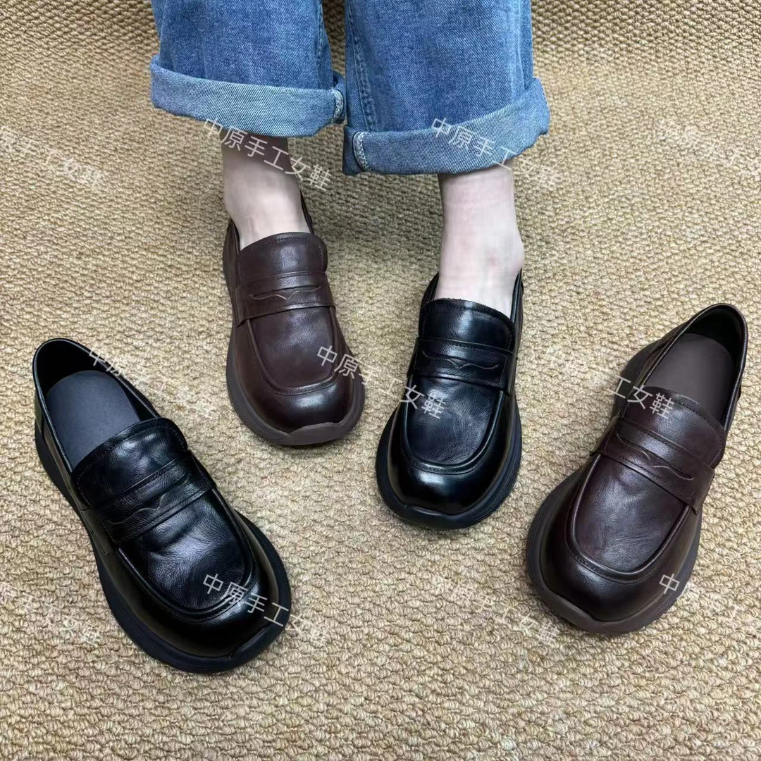 258568胶粘金属装饰复古港风时尚乐福鞋纯色百搭舒适小皮鞋