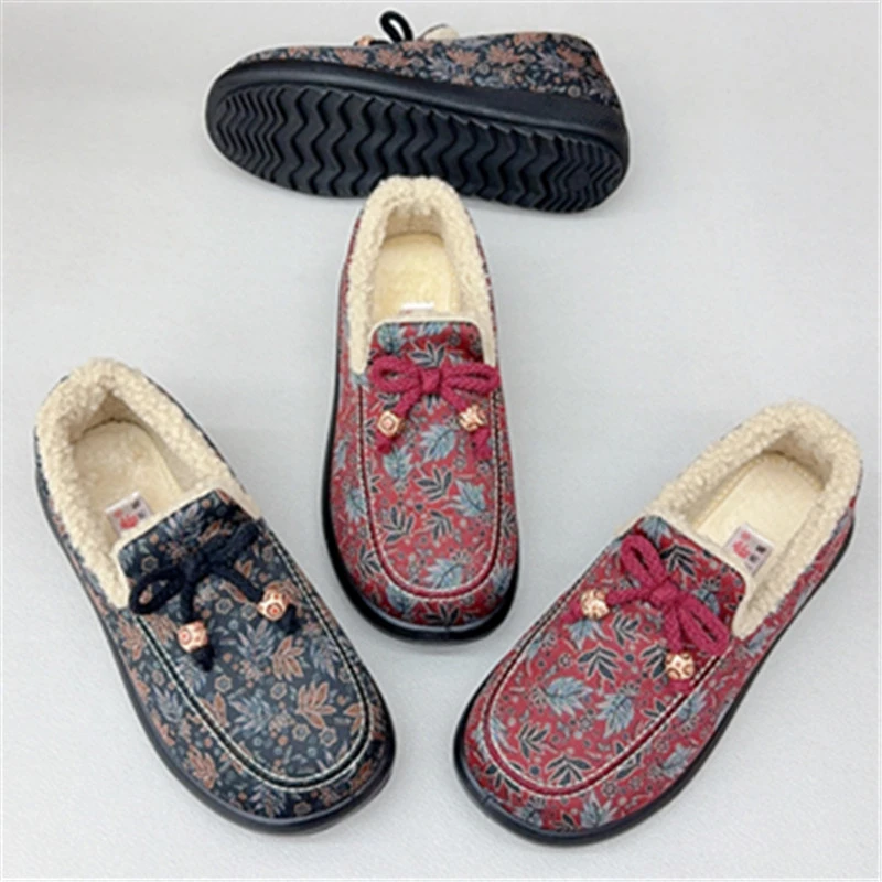 冬季新款老北京棉鞋加绒加厚毛毛鞋休闲女鞋软底保暖一脚蹬妈妈鞋