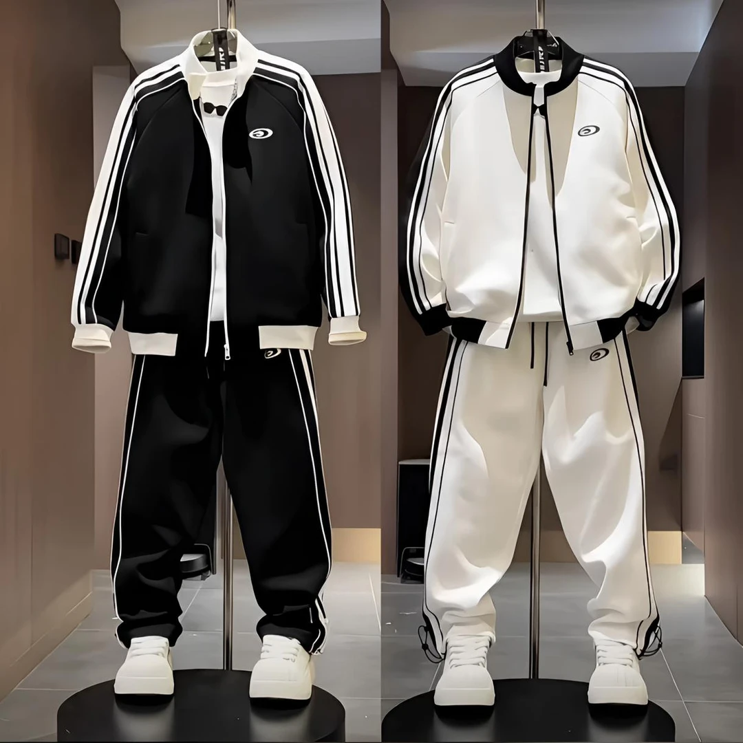 秋季潮牌条纹拼色空气层休闲套装情侣同款立领夹克外套长裤两件套