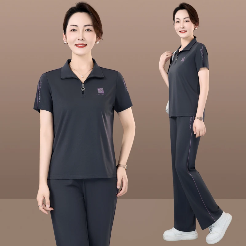恩狐夏季运动套装女2025新款洋气妈妈减龄显瘦时尚短袖长裤两件套