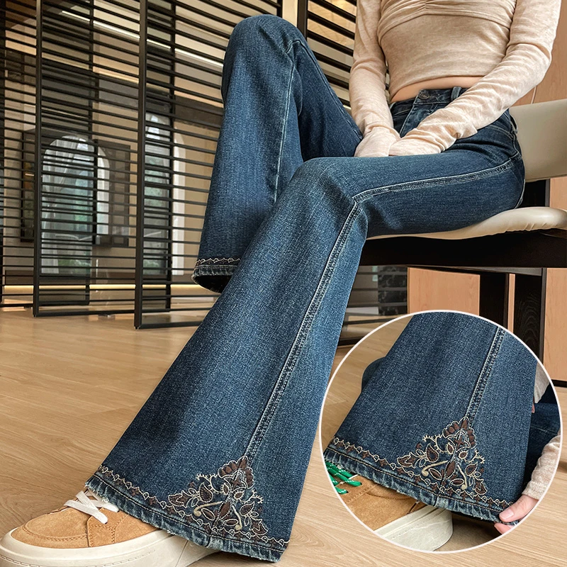 复古国风刺绣微喇牛仔裤女士2025年秋季新款紧身花边马蹄喇叭裤子