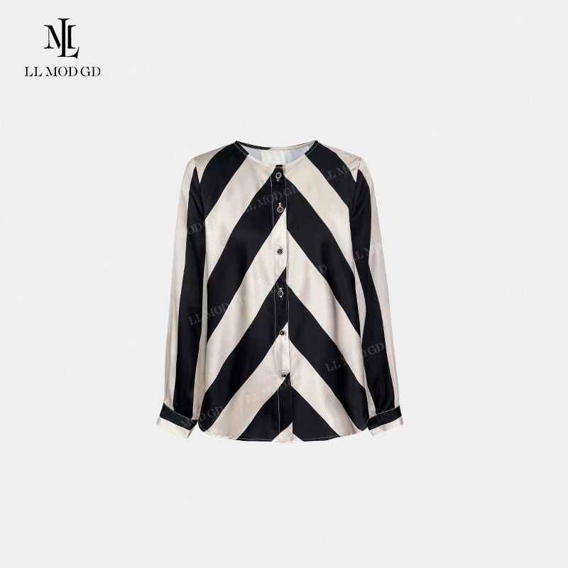 沙画 通勤风高级斜条纹醋酸长袖衬衫优雅经典圆领上衣YL -260421