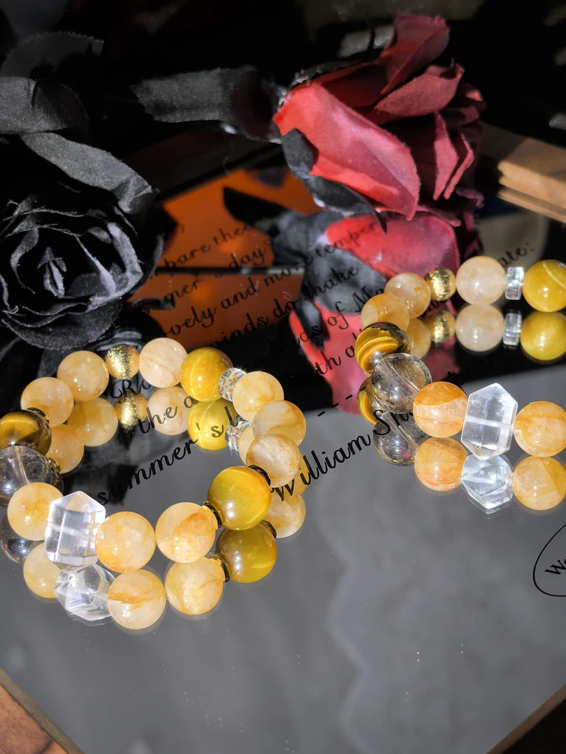 【某年某月5分】天然水晶黄塔晶虎眼石双尖白水手串