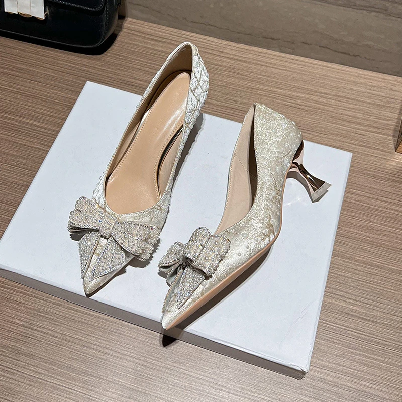 YD-A2新款蝴蝶结单鞋女小众尖头水钻法式高跟鞋细跟女鞋婚鞋气质