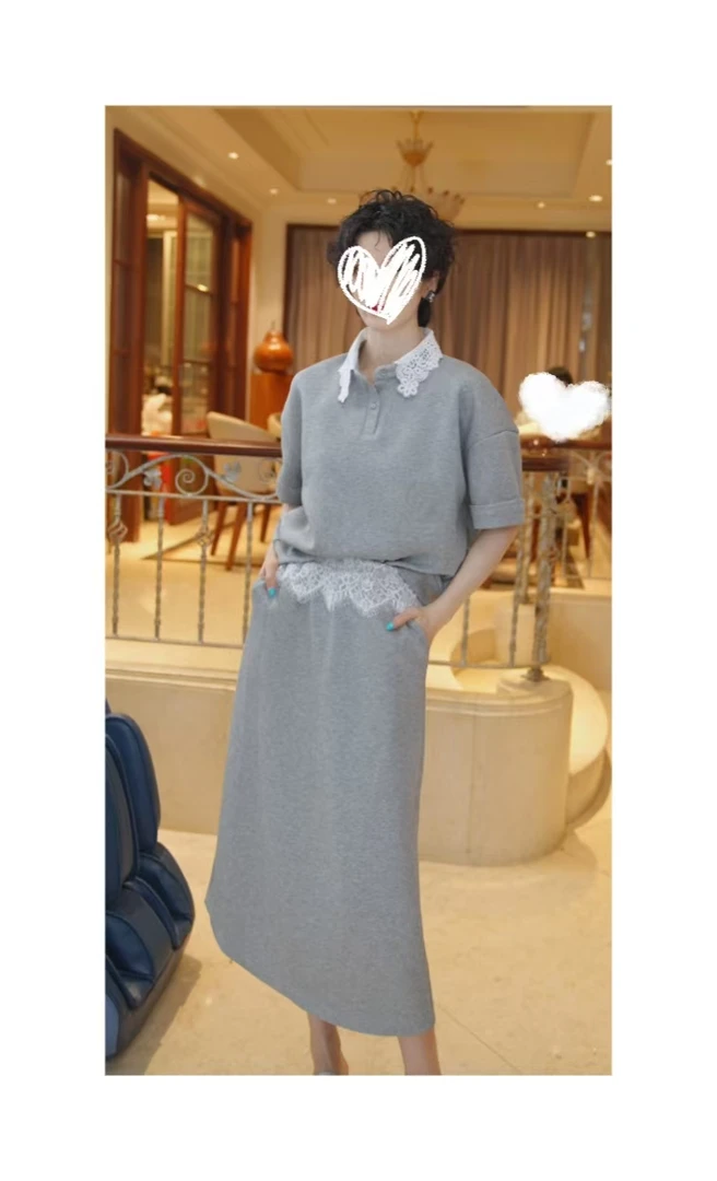 26112795【惬意时光】简约优雅高级蕾丝翻领上衣+半身裙