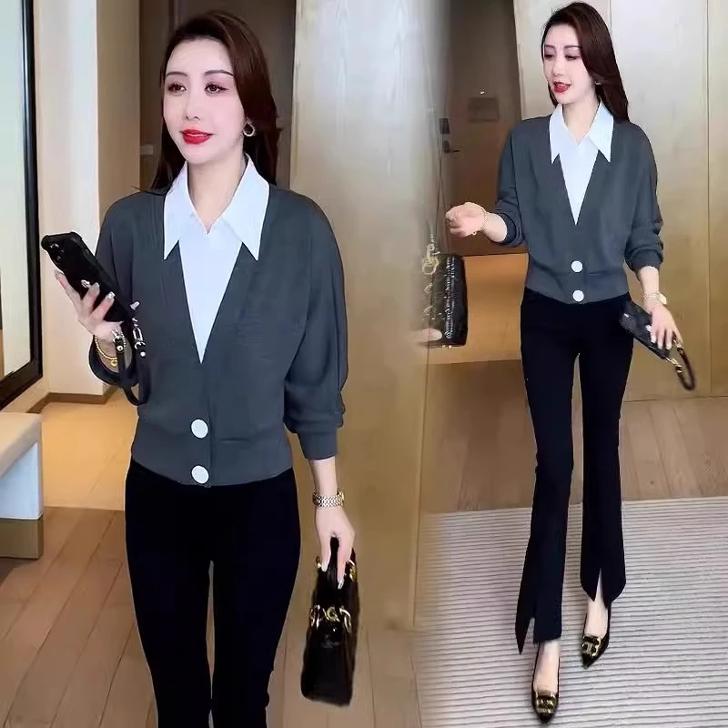 假两件衬衫女长袖宽松显瘦时尚2025春秋新款韩版小个子短款上衣服