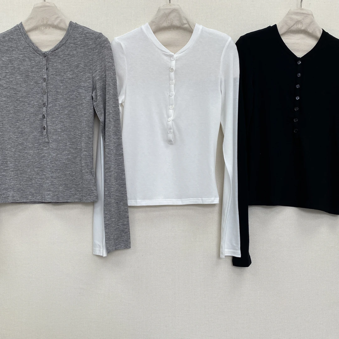 （亨利）轻柔肤感纽扣T恤韩系休闲风百搭长袖上衣
