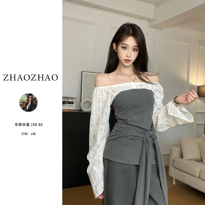 【ZHAOZHAO】春季新款韩系一字肩假两件T恤女时尚设计感绑带上衣
