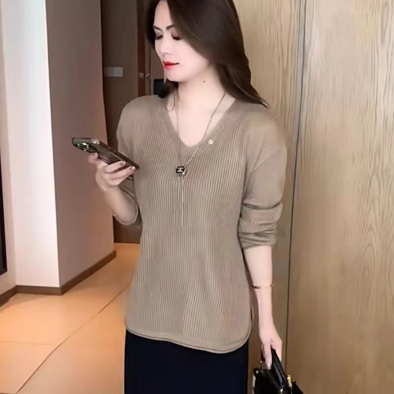 5511【衣长60】慵懒感V领针织衫女长袖宽松显瘦毛衣开叉透视上衣秋