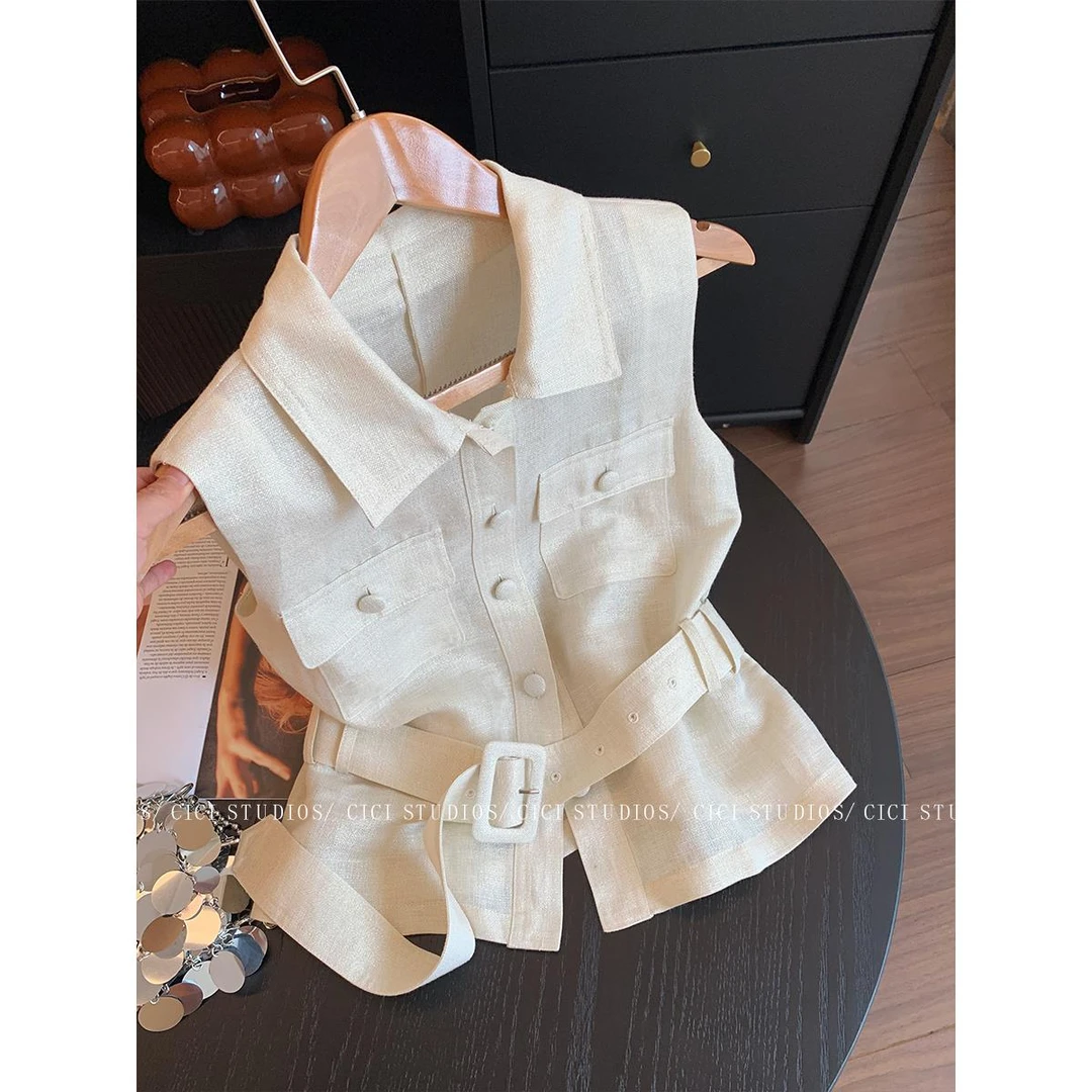 老钱风翻领腰带亚麻无袖背心马甲男夏新款轻奢法式上衣大码300斤