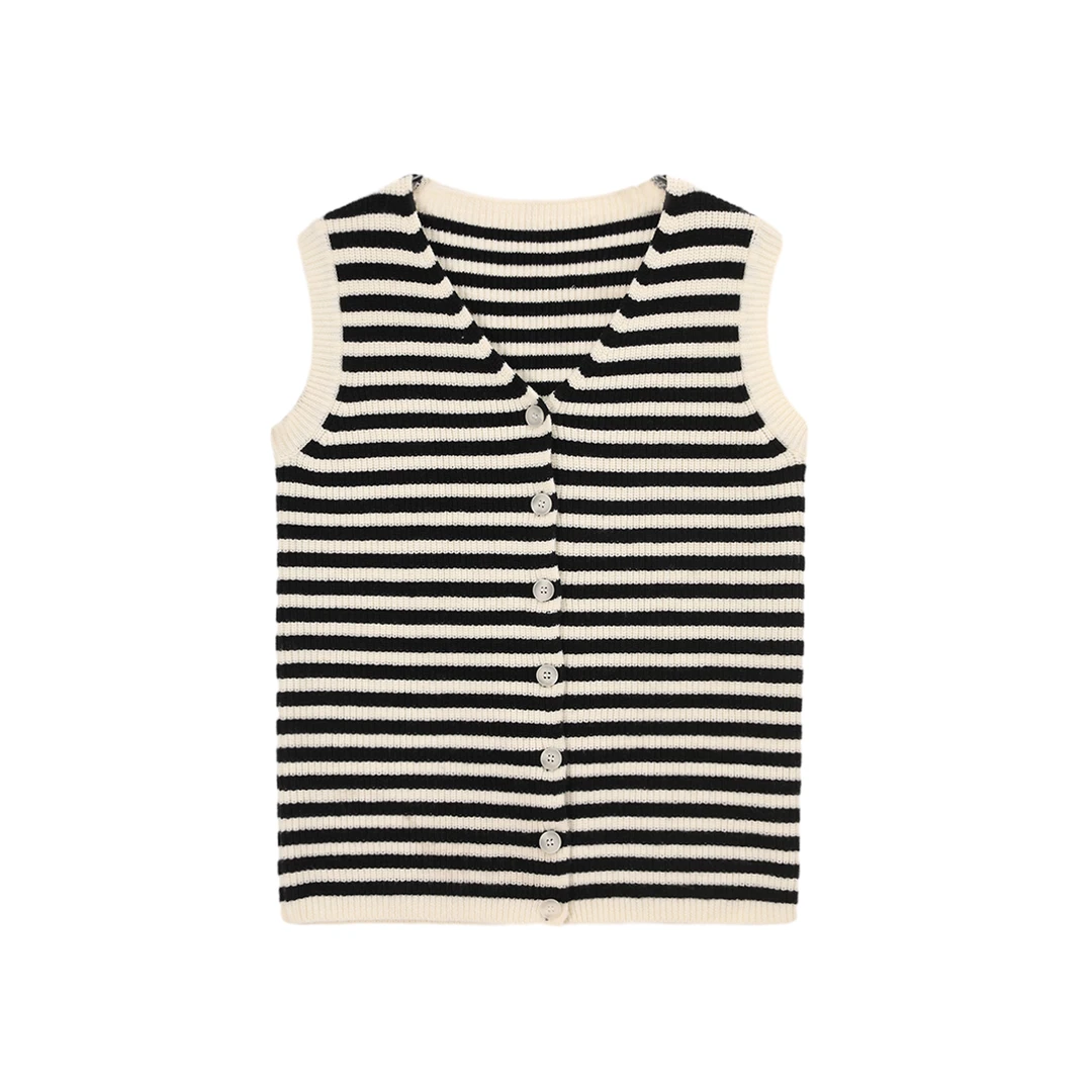 【轻奢弹力条纹针织背心】V领无袖纽扣针织背心上衣W23CQ7295