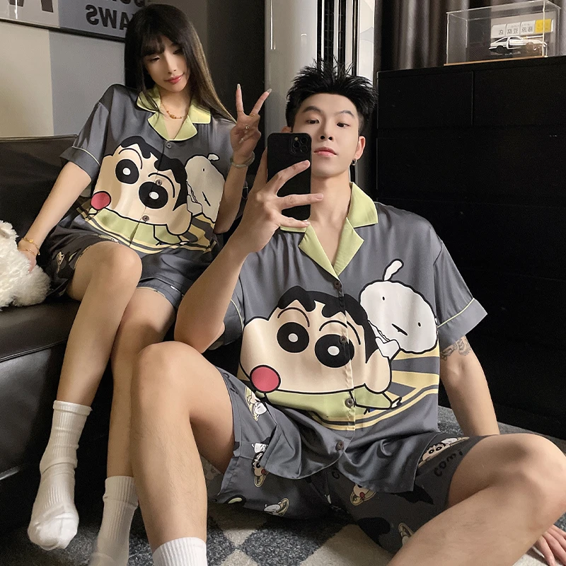 冰丝情侣睡衣女夏季薄款短袖网红卡通大码男士夏天休闲家居服套装