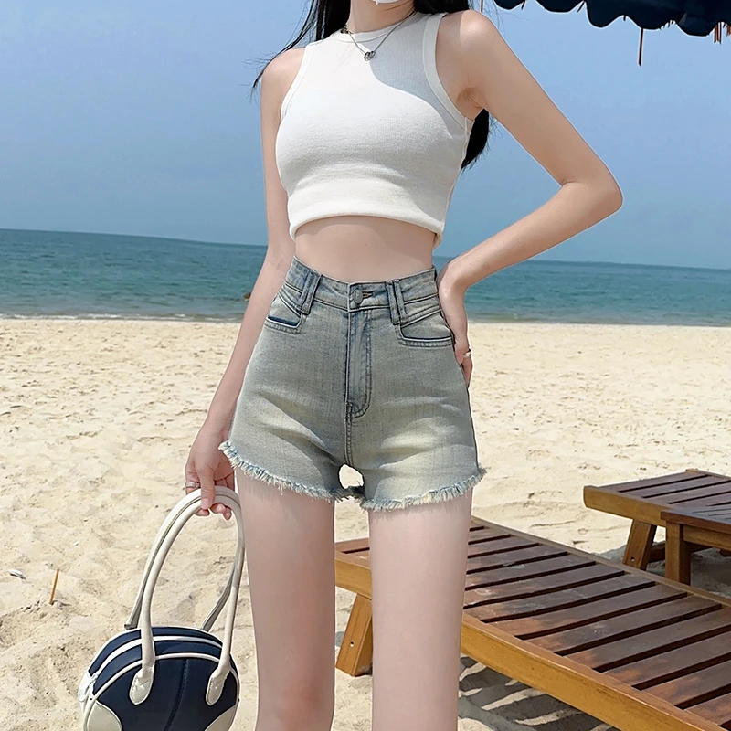 辣妹牛仔短裤女2025夏季新款高腰显瘦百搭弹力紧身毛边热裤