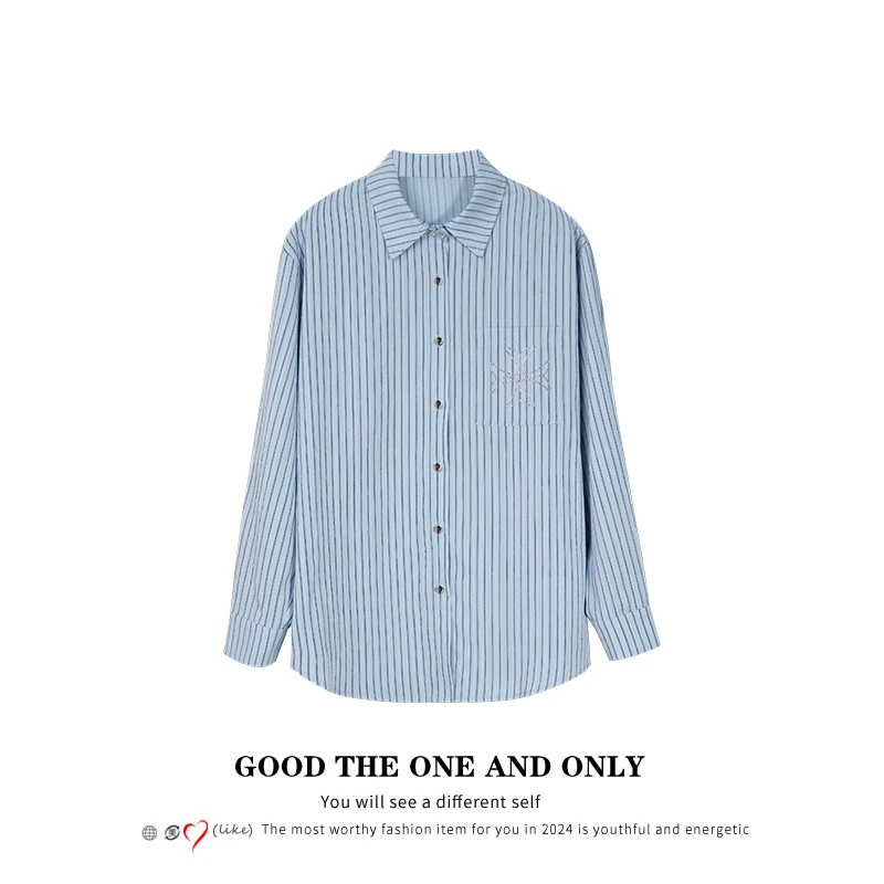 设计款蓝色条纹烫钻衬衫301681【T】