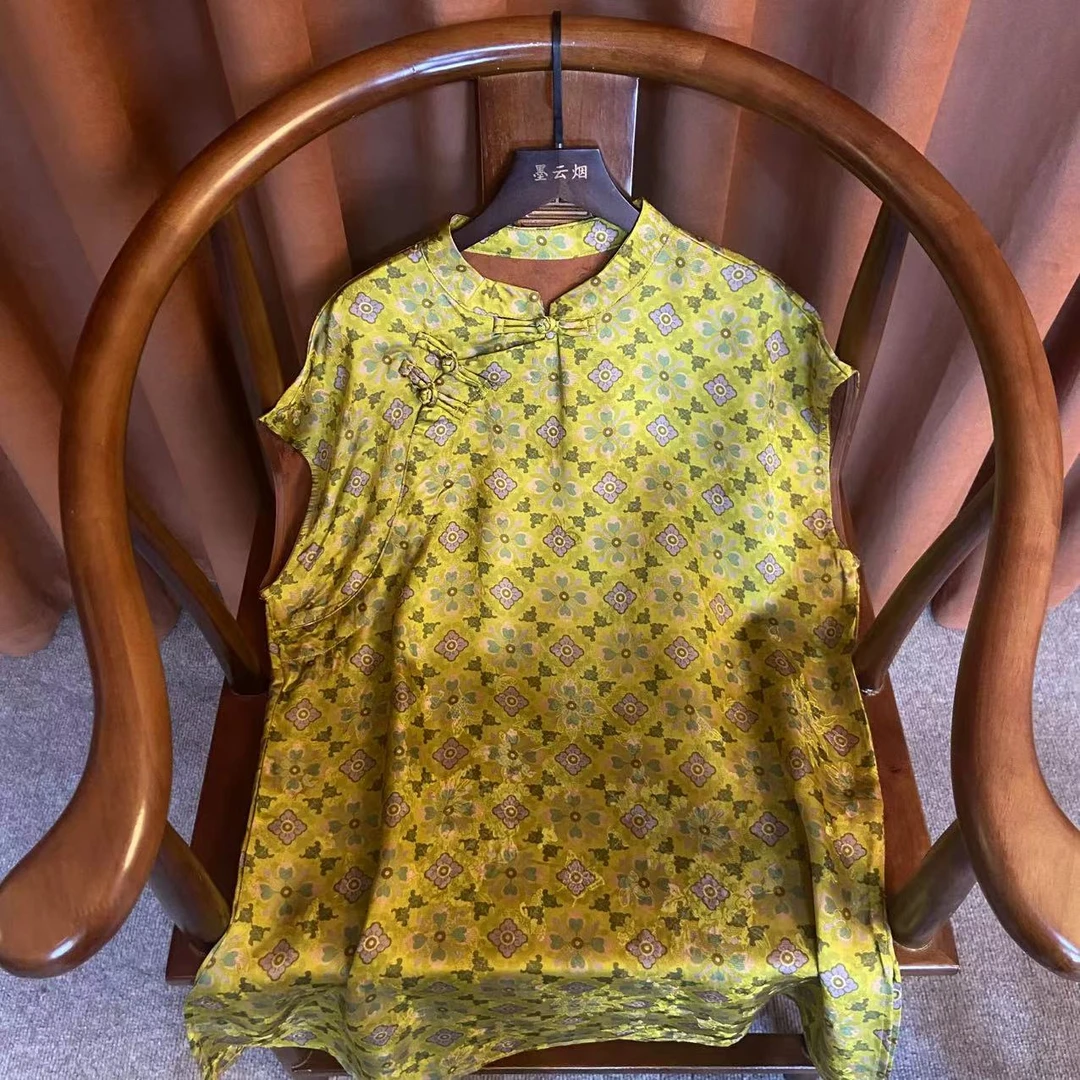 【千载】时尚奥黛女装新中式中长款上衣国风宽松斜襟无袖小衫