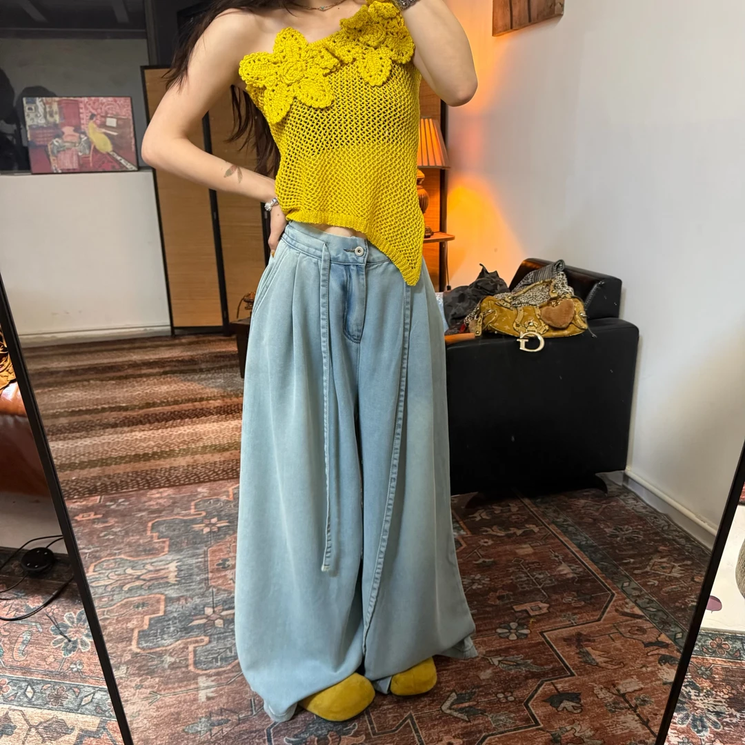 KUKUDEMI「面膜牛仔」新款定制水洗半松紧高腰牛仔阔腿裤休闲显瘦