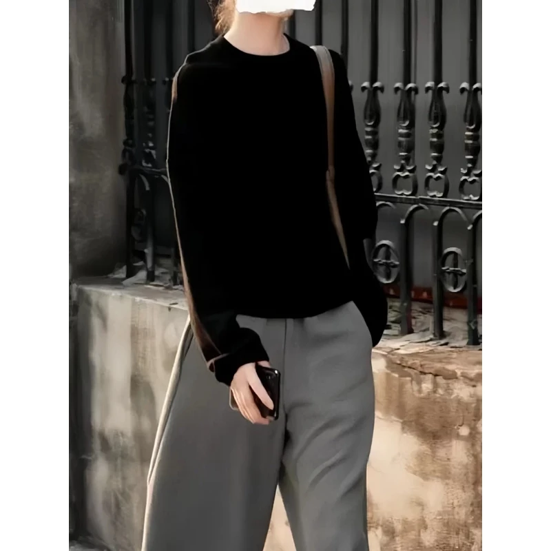 韩版宽松慵懒风针织衫女秋季大码胖MM长袖套头打底衫毛衣圆领上衣