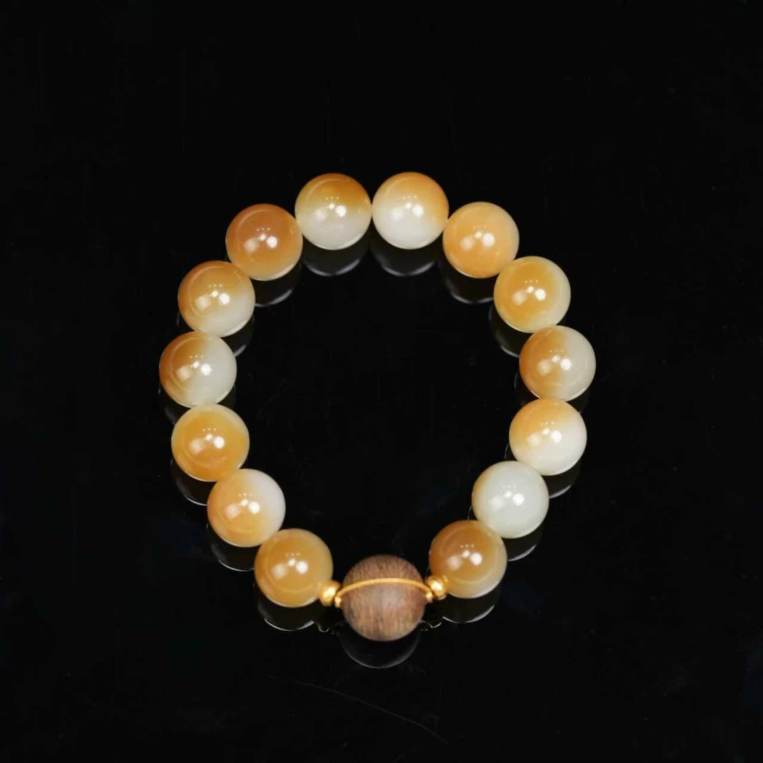 【壹芳珠宝】天然原矿和田玉糖玉18k圆珠手串12mm