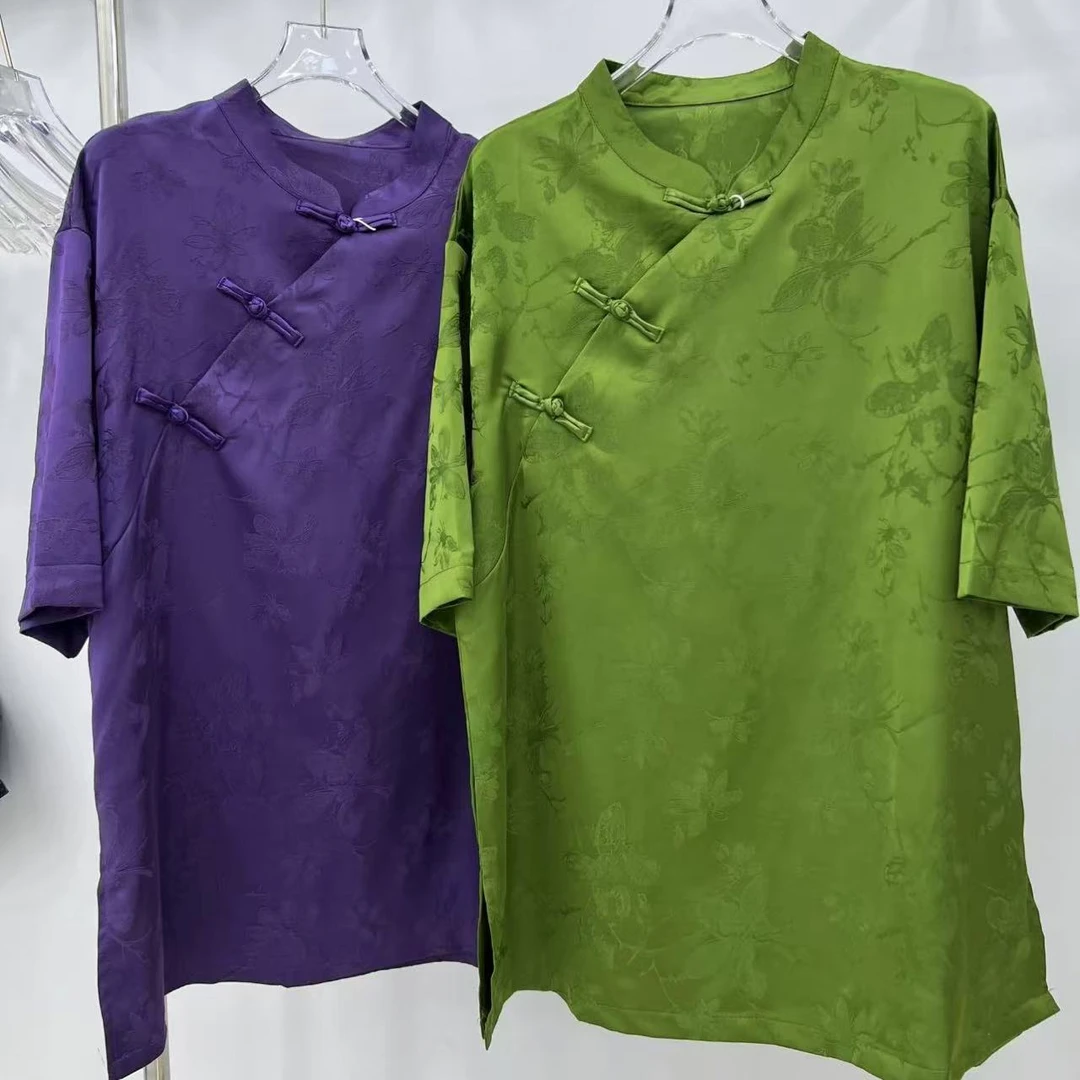 2025新版薄款夏季新中式短袖立领提花衬衫印花气质花朵半袖衫2788