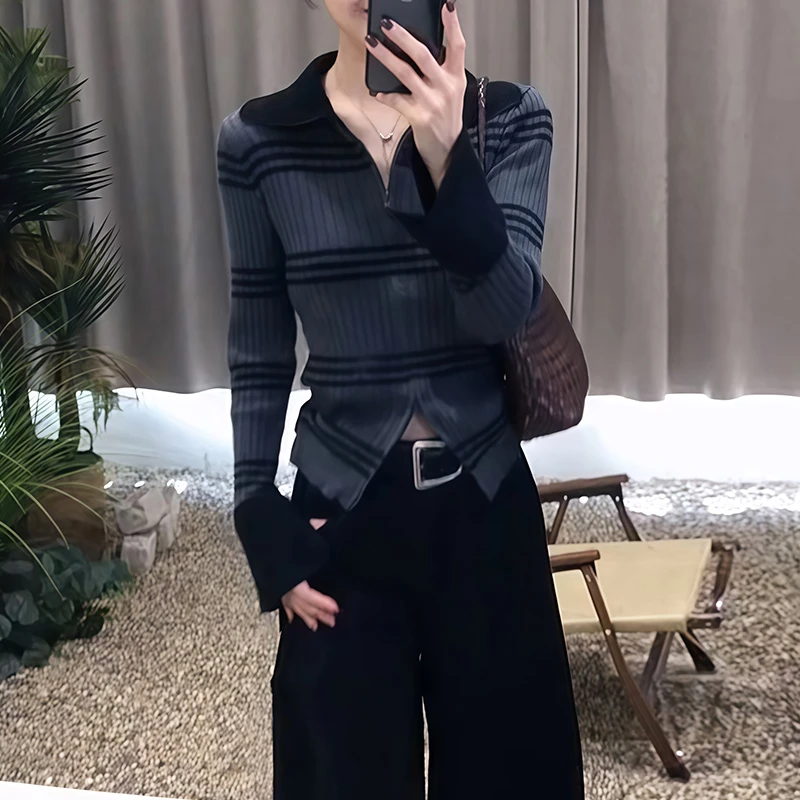 条纹翻领双拉链针织衫女韩系早秋穿搭设计感拼接开衫毛衣外套上衣