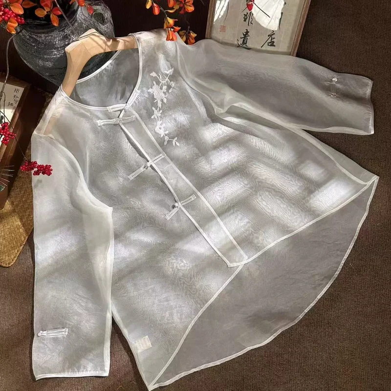 夏季新款肤舒适国风刺绣薄纱上衣