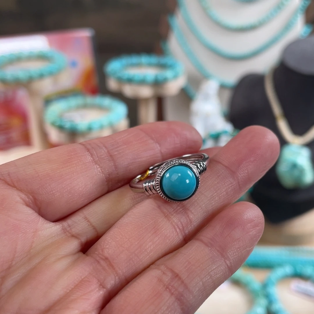 绿松石银S925镶嵌套链银戒指