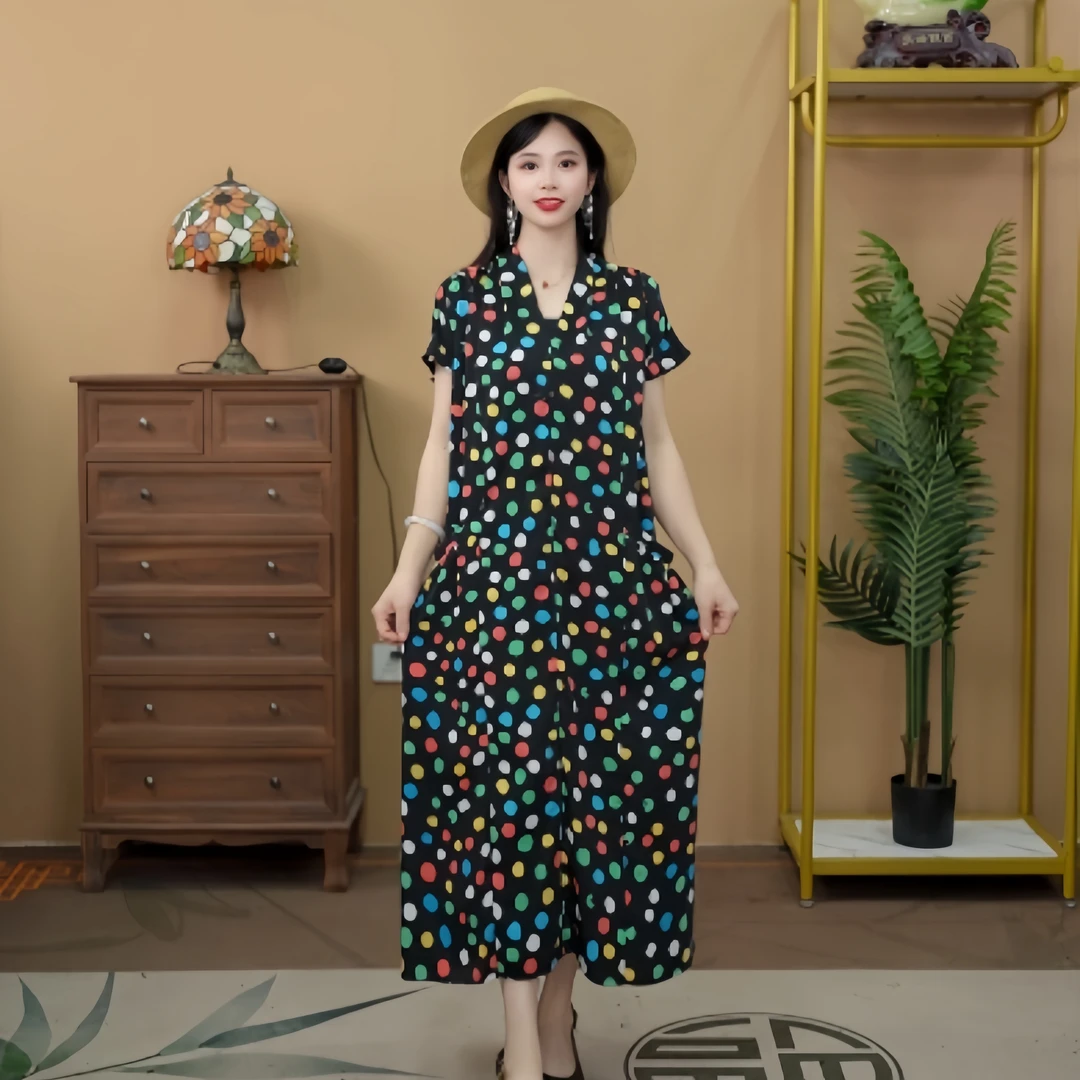 2613  高端复古风五彩波点印花V领气质显瘦女装连衣裙