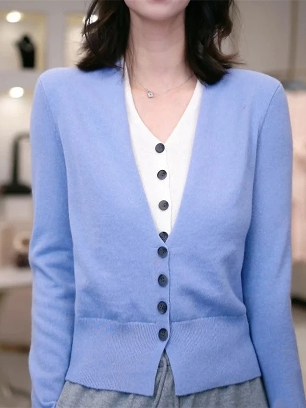 【商场同款】2025秋季新款气质纯色V领假两件长袖针织长袖开衫女士