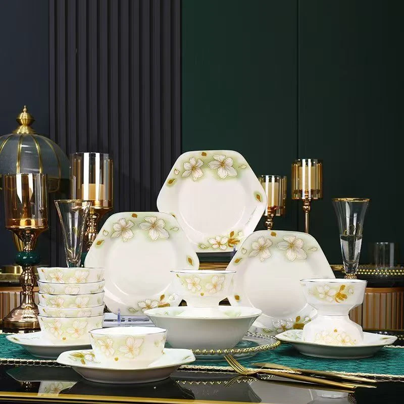15件套黄金叶家用陶瓷套装餐具盘子碗米饭碗炒菜盘子轻奢欧式