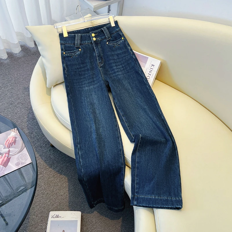 拉夏贝尔2025年新款复古阔腿牛仔裤高腰显瘦加绒直筒裤小个子