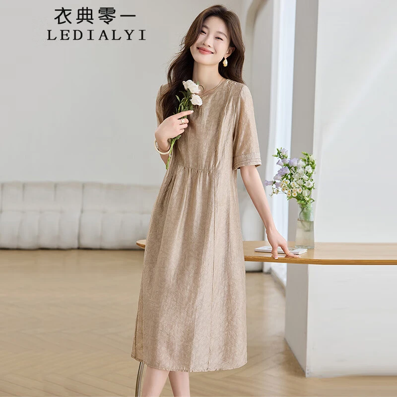 短袖天丝连衣裙女装2025夏季新款妈妈小个子休闲宽松显瘦裙子夏天