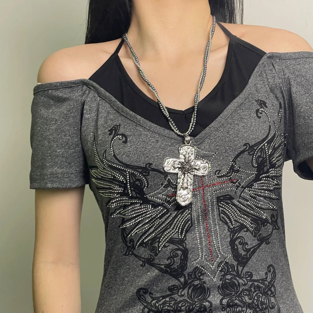 铜合金项链 2309银色大十字架重工吊坠女亚文化甜酷辣妹叠戴项链