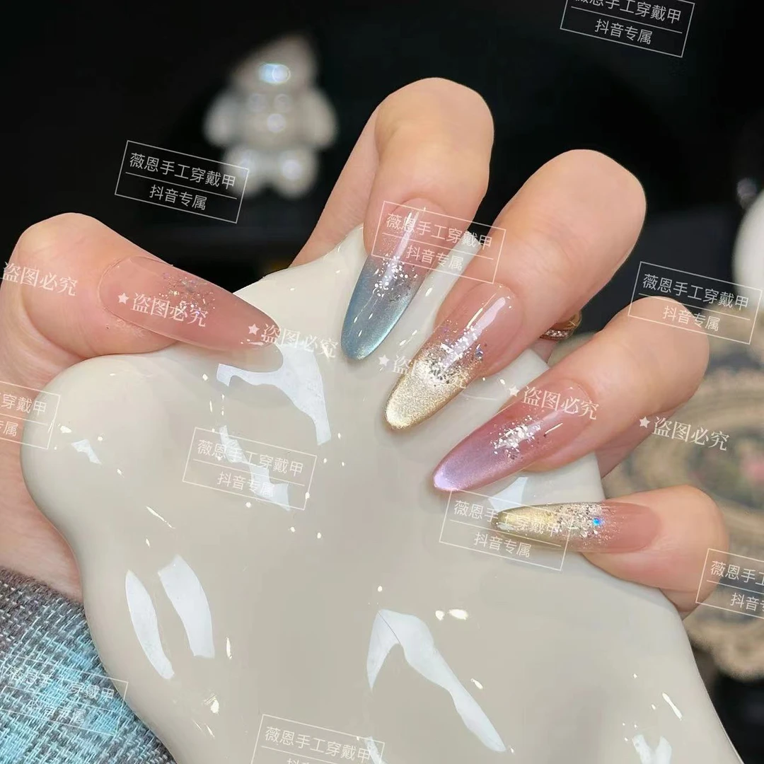 【春日彩虹】新款纯手工穿戴甲多巴胺彩色猫眼裸色显白美甲款式甲片