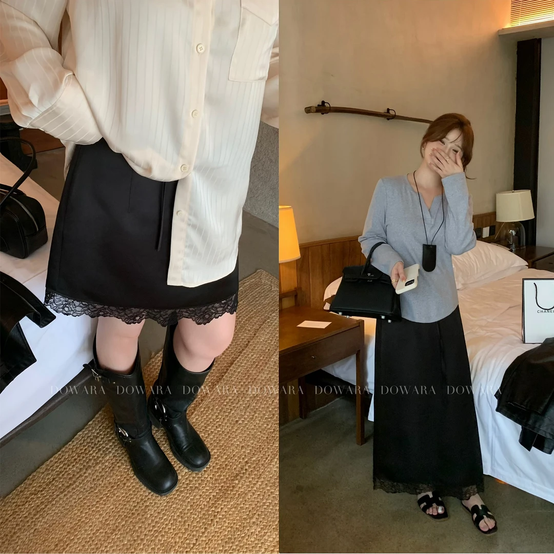 现货大婉酱微胖定制黑色拼接蕾丝半身裙女春季气质显瘦A字裙7814D