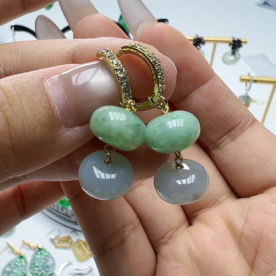 银S925镶嵌翡翠耳饰天然缅甸A货翡翠