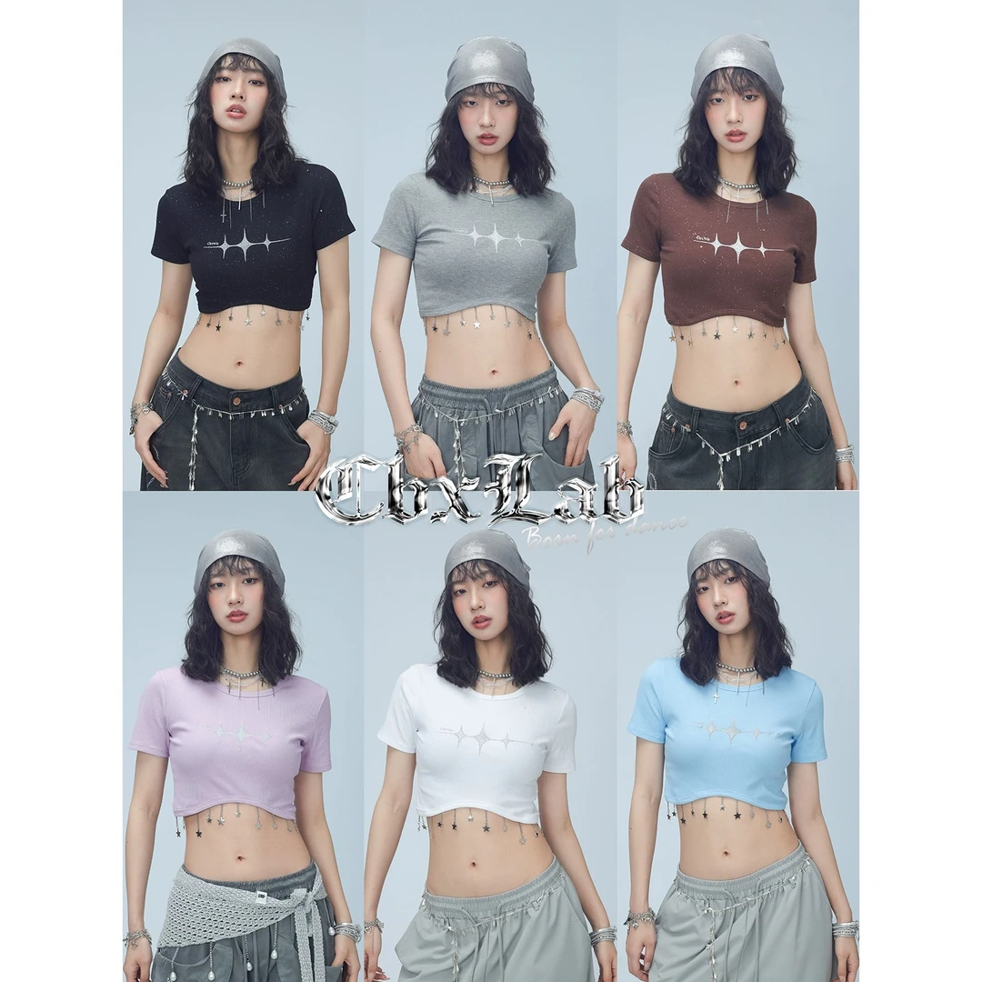 CBXLAB街舞潮牌海浪手工流苏小衫黑色爵士辣妹欧美修身ins半袖