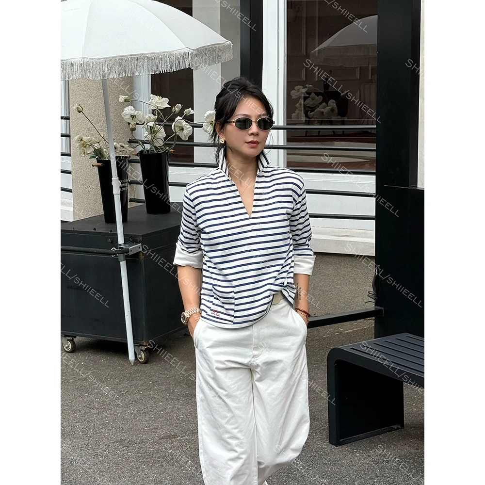 SHIIEELL【海军条纹】海魂风棉感微绒手感蓝白条纹V领翻领T恤Z1156