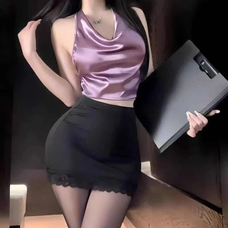 【夜香美】紫色韵味OL秘书制服挂脖式大荡领美背包臀裙
