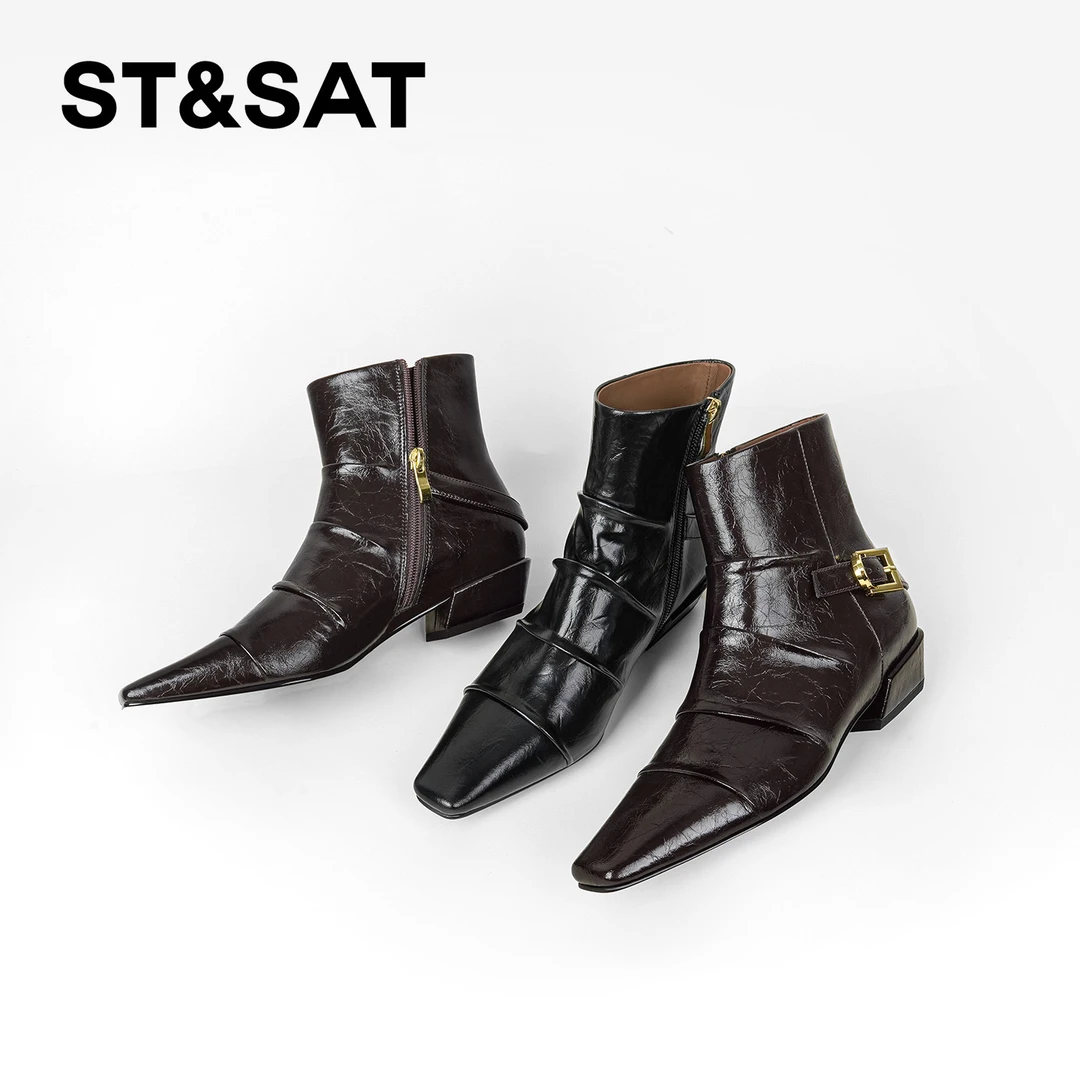 St&Sat/星期六女鞋切尔西靴潮流休闲冬季耐磨中筒方头粗跟靴子