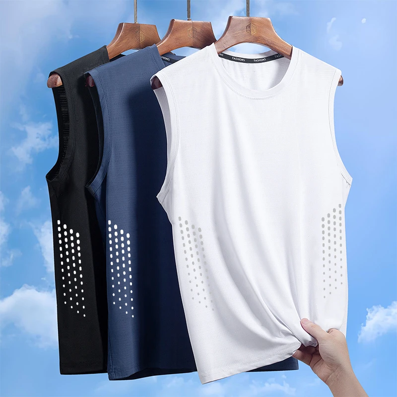 冰丝背心男潮薄款圆领网眼透气速干运动宽坎肩外穿男士无袖夏季