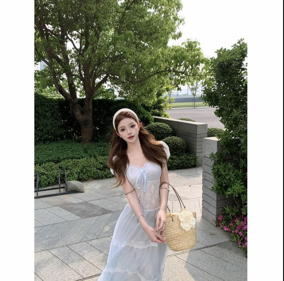 【海盐薄荷】蕾丝拼接泡泡袖连衣裙出游初夏显瘦掐腰度假大摆裙039
