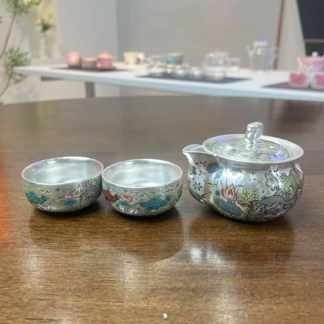 鱼藻手抓银壶+两杯@z705