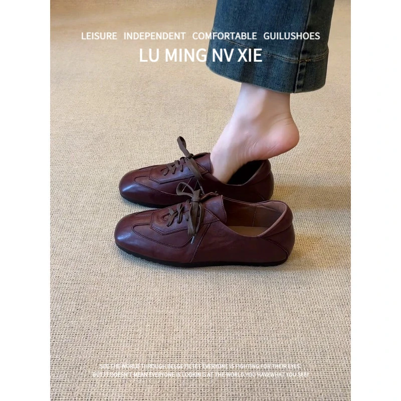 羊皮版~2025新款法式复古小众圆头系带平底深口单鞋女休闲乐福鞋