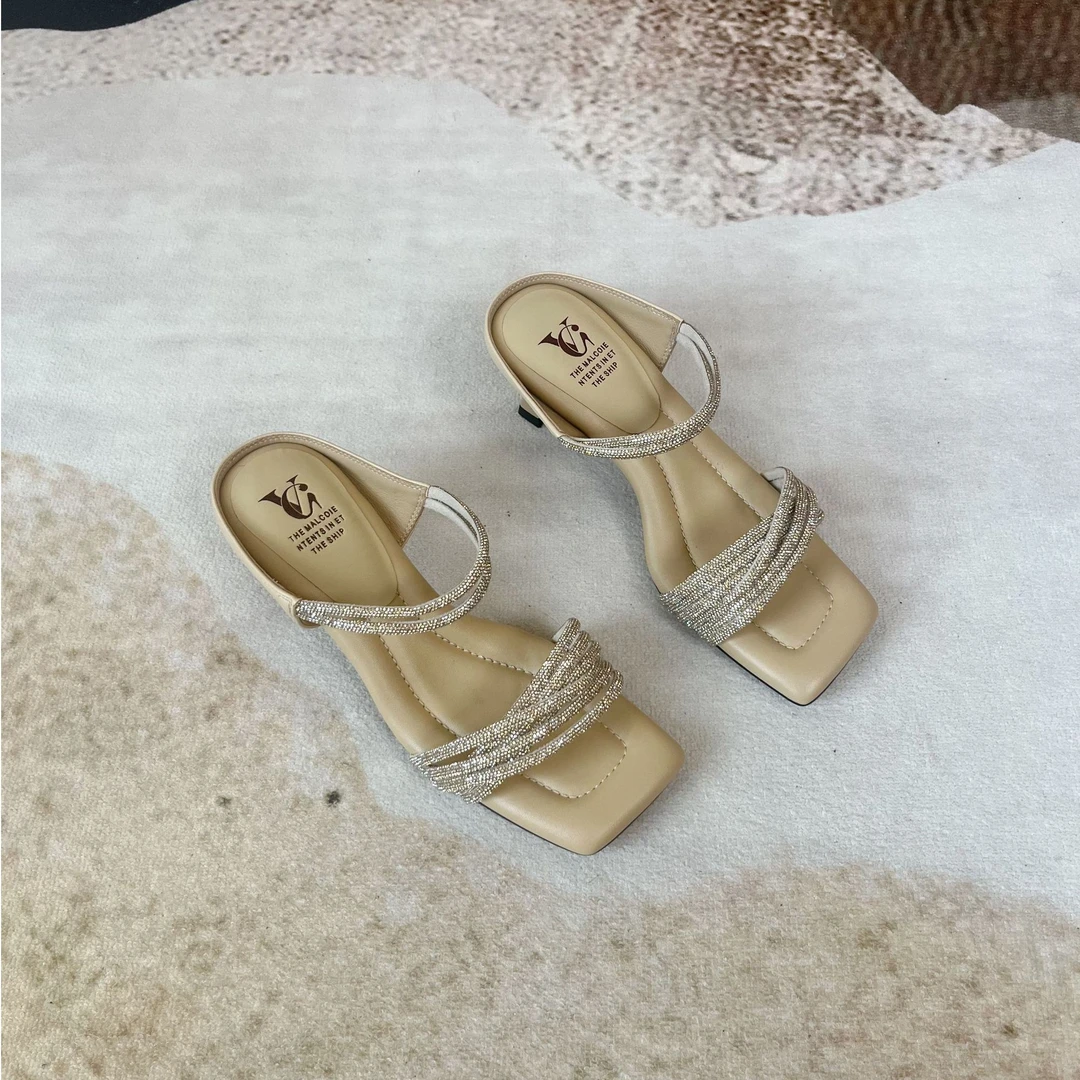 范戈希跟5cm羊皮夏季方头法式水钻一字拖百搭粗跟女士气质买1赠3