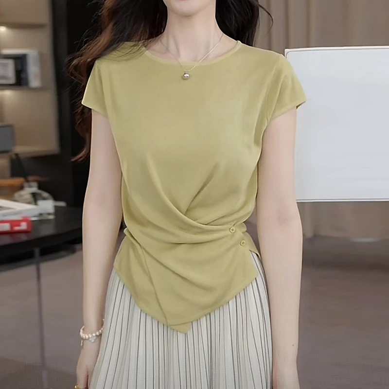 冰感腰精夏季薄款短袖女设计感收腰交叉纽扣针织衫超好看单穿上衣