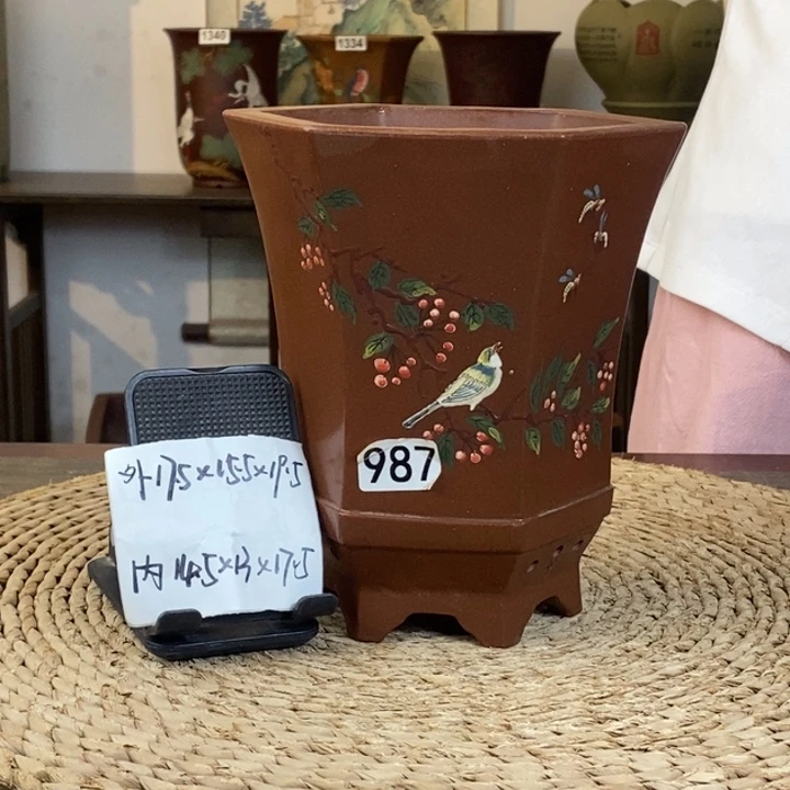 紫砂花盆 特惠紫泥彩绘樱桃收腰六方987